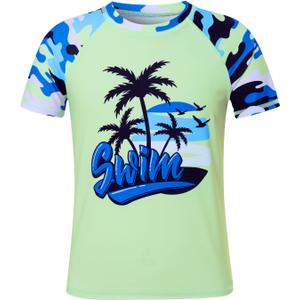 Boys Rash Guard Shirt Short Sleeve UPF 50+ UV Sun Protection T Shirt for Kids, Green 01, 10-11 Years