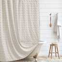 Boho Farmhouse Beige Shower Curtain, 72 x 72 Tufted Pleat Floral Puffs Textured Modern Farmhouse Minimalist Shower Curtain Set with Hooks for Bathroom