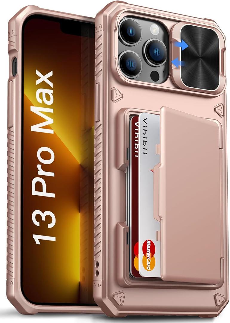 Vihibii for iPhone 13 Pro Max/iPhone 12 Pro Max Case with Card Holder (4 Cards), [RFID Blocking] & Slide Lens Camera Cover, Military Grade Drop Protection, Heavy Duty Wallet Phone Case, Rose Gold