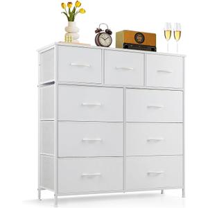 9-Drawer Dresser for Bedroom, Anti-Tip Tall Storage Organizer Chest of Drawers with Wooden Top and Metal Frame Fabric Bins for Closet, Living Room, Hallway, Entryway, White