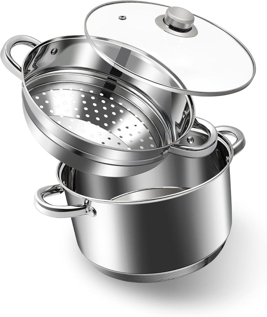 AuFranc 18/10 Stainless Steel Tri-ply Stockpot and Steamer with Tempered Glass Lid, Multipurpose Steamer Pot Compatible with All Cooktops, Non-Toxic Soup Pot, Oven & Dishwasher Safe (4.2 Quarts, Silver)