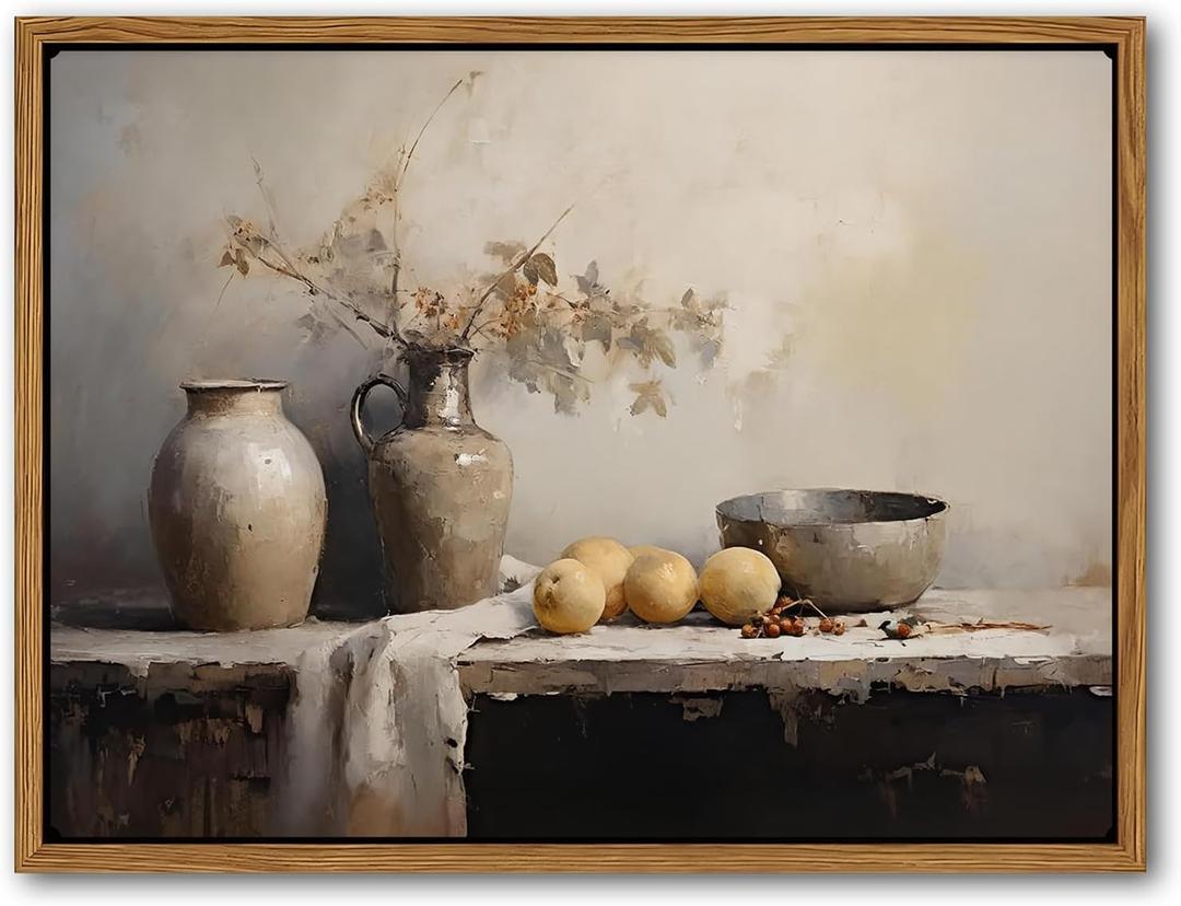 Kitchen Wall Art, Vintage Jar Still Life Canvas Print, Rustic Farmhouse Floating Framed Artwork, Fruit Botanical Decor for Dining Room 16x24 Ready to Hang