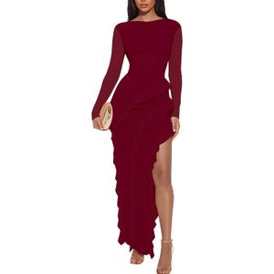HOCILLE Women's Sexy Boat Neck Bodycon Maxi Dresses Long Sleeve High Slit Ruffle Cocktail Party Dress, X-Large, Wine Red