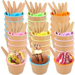 30 Pcs Ice Cream Bowls and Spoons Set Cartoon Candy Color Plastic Ice Cream Cups with Spoons Cartoon Candy Colorice Cream Bowls Set for Dessert, Frozen Yogurt, Gelato, Birthday Party Decorations