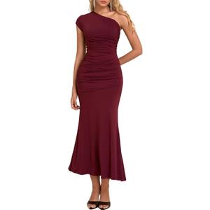Summer One Shoulder Wedding Guest Dresses for Women Elegant Long Formal Bodycon Ruched Bridesmaid Midi Dress 2026 (S)