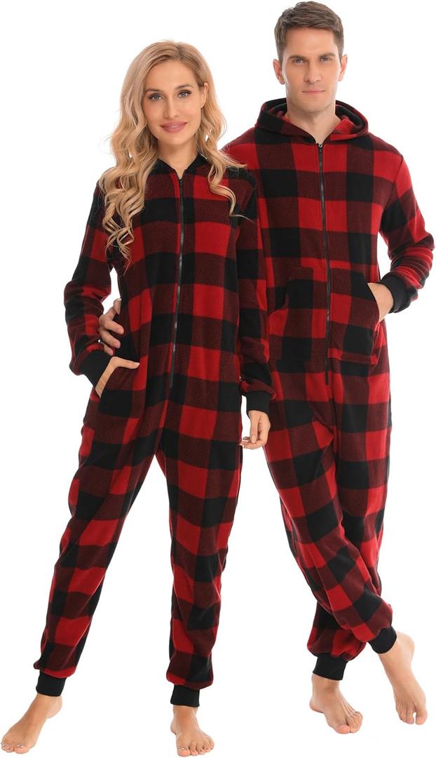 SWOMOG Couples One Piece Pajamas Sets Christmas Men & Women Fleece Winter Loungewear Zip-Up Jumpsuit with Pockets Pjs (Medium, Black and Red Plaid)