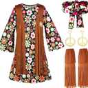 Haysandy Kids Hippie Costume Set 60s 70s Hippie Dress Peace Sign Party Accessories for Carnival Halloween Cosplay Party (M)