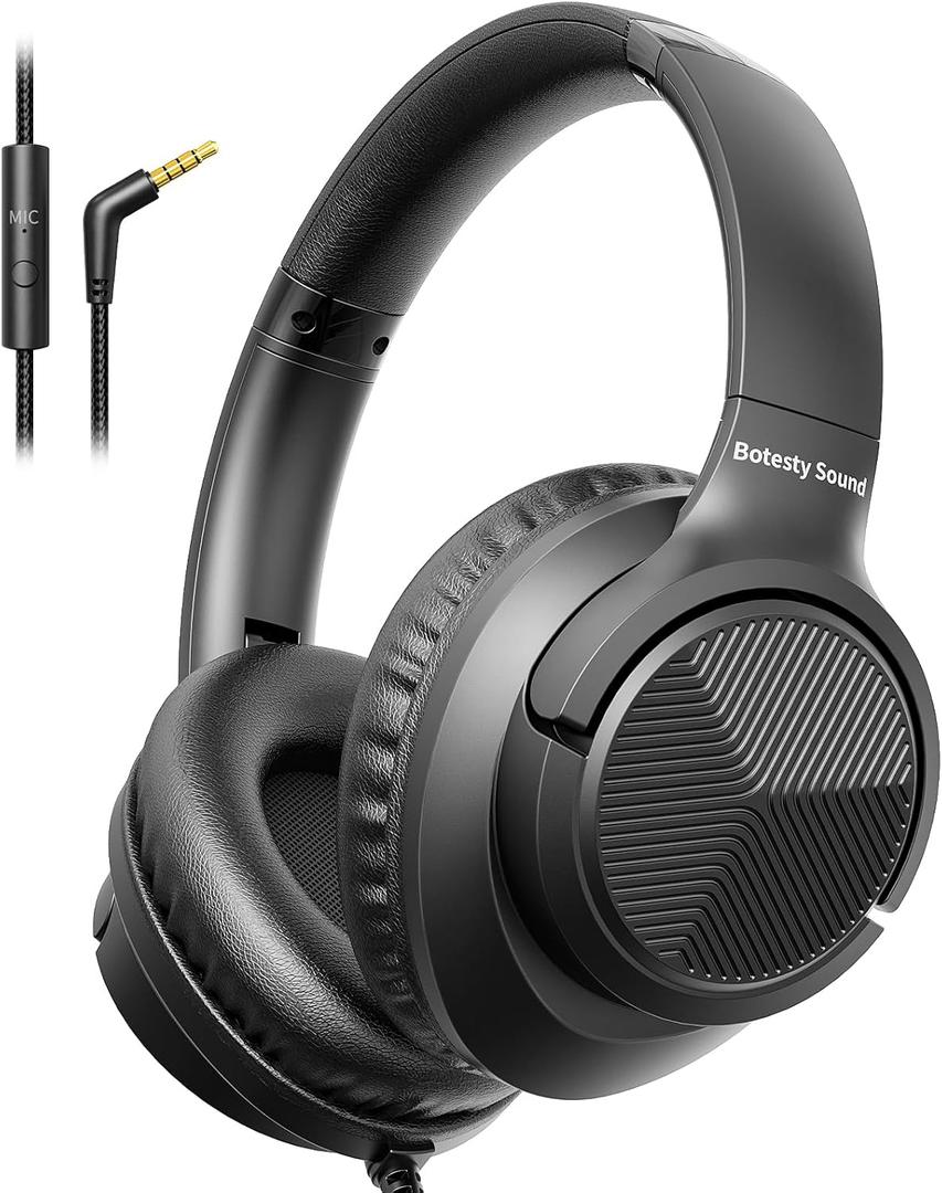 Headphones Wired with Microphone, Over Ear Foldable 3.5mm Plug in Headphones with 4.9ft Tangle-Free Nylon Cord for Tablet, Laptop, MP3/4, School, Airplane Travel (Black)