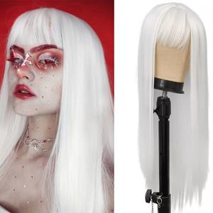 White Wig with Bangs, Long Straight White Wig for Women, 27 Inch Heat Resistant Synthetic Womens Hair Wigs for Cosplay Party Halloween