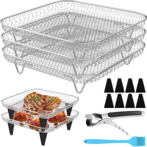 Air Fryer Accessories with 8pcs Foot Cover - 8" Square 3 Stackable Dehydrator Racks Fits 5.8 QT Air Fryer Racks for Cosori, Instant Vortex, Nuwave, Ninja Foodi Grill 304 Stainless Steel