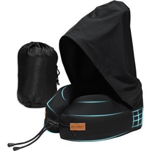 Travel Pillow with Hood, Memory Foam Airplane Neck Pillow for Long Flight, Soft, Comfort Portable Travel Neck Pillow for Flight, Drive, Work, Rest, with Storage Bag