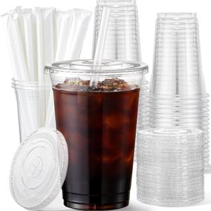 AOZITA 16 oz Plastic Cups with Lids and Straws, 50 Pack, Disposable Iced Coffee Cups with Lids, Clear Cups with Lids for Cold Drinks, Iced Tea, Milkshakes, Smoothies - Durable & BPA Free