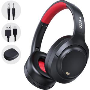 IFECCO Active Noise Cancelling Headphones Bluetooth 5.4 - Wireless ANC Headphones Over Ear with Microphone,100H Play Time,HiFi Stereo Bluetooth Headset with Cushioned Pads for Home Office (Black-red)