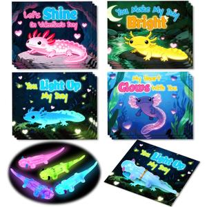 SpringFlower 24 Pack Valentines Day Cards with Glow In The Dark Axolotl Toys, Ideal Valentines Day Gifts Exchange for School, Valentines Party Favors Prizes for Kids Boys Girls