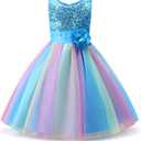 Uhnice Little Girl's Sequin Sleeveless Mesh Rainbow Dress for Wedding Party (6- Years, Blue)