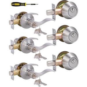 Lanwandeng (3 Pack) Entry Levers Wave Style with Deadbolt Set, Exterior/Interior Satin Nickel Keyed Door Handles with Lock,Interior Door Locksets for Bath/Bedroom