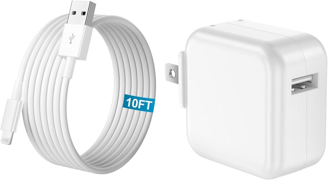 iPad Charger Fast Charging 10FT, 12W USB Charger Block Foldable Plug with 10FT USB Fast Charging Cable for iPhone, iPad 9th/8th/7th/6th/5th/4th Generation, iPad mini 5/4/3/2/1, iPad Air 3/2/1