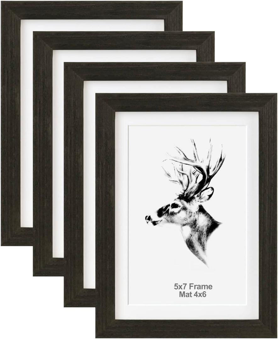 Yaetm 5x7 Black Picture Frame with Mat for 4x6 Set of 4, Solid Wood Photo Frames with Tempered Glass, 5 by 7 Wooden Picture Frames Display on Tabletop or Wall Mounting (4 Pack, Anthracite Black)