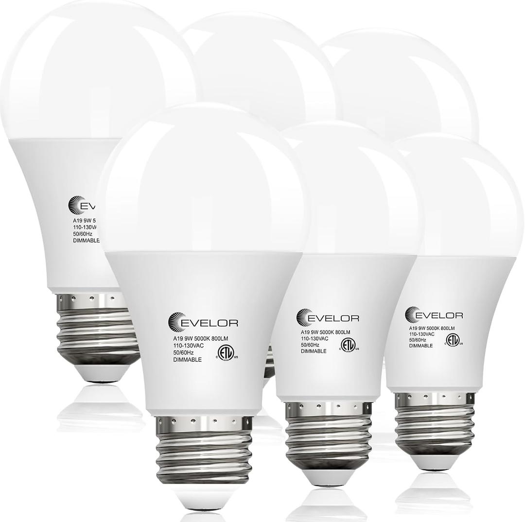 evelor 6 Pack LED Light Bulbs,60 Watt Equivalent Daylight 5000K,A19 | Dimmable,Efficient 9W,800 Lumens White E26 Base LED Bulbs,15000 Hours,Ideal for Bedroom Living Study Room
