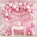 Pink Birthday Decorations with Pearl White Light Pearl Metallic Pink Foil Balloons Fringe Curtain Banner for Happy Birthday Decorations for Women