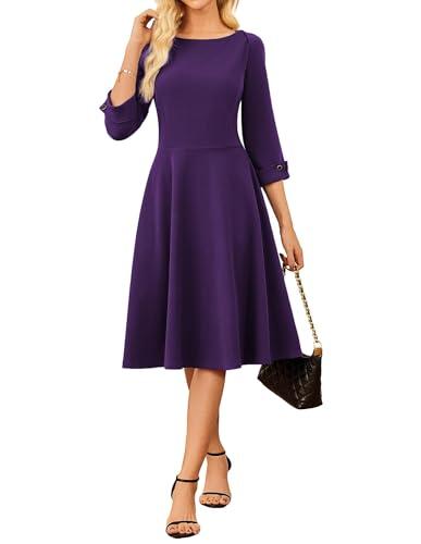 GRACE KARIN Women's Fit and Flare Work Dress 2026 3/4 Sleeve Elegant Cocktail Dresses Church Office Dress (Purple, XL)