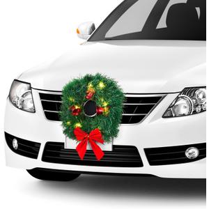 Christmas Car Wreath with LED Lights Artificial Christmas Wreath Accessories for Truck, SUV or Any Car Grille, Xmas Winter Holiday Outdoor Decoration (Mounting Equipment Included) (Green and Red Bells)