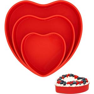 PLUVAVA 3 Pieces Silicone Heart Shaped Cake Pans 6" 8" 10" Nonstick Heart Baking Pans Small Large Silicone Cake Mold Layered Cake Pan for Baking Valentine's Day (Red)