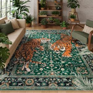 Tiger 9x12 Washable Area Rug, Boho Green Rugs for Living Room