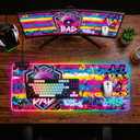 Cyberpunk Neon Rabbit RGB Gaming Mouse Pad 31.5"x11.8" Large LED Desk Mat with Urban Street Art Design Third Eye, Shield & Straw Hat Motif for PC & Laptop Setup