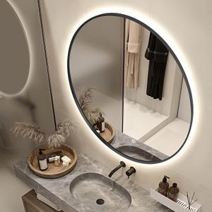 36" Round LED Bathroom Mirror, Wall Mounted Backlit Vanity Mirror with 45° Beveled Frame Lighted Mirror for Bedroom, Fog Free 3-Color Dimmable Lights Memory Function, Black