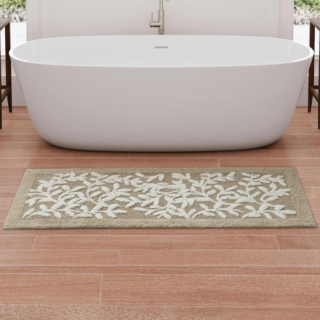 Madison Park Serene 100% Cotton Tufted Bathroom Rug - High & Low Tufting Floral Leaf Design, Quality Luxurious Plush Medium Pile Bath Mat Absorbent, Quick Dry, Shower Room Dcor, 24x60 Taupe