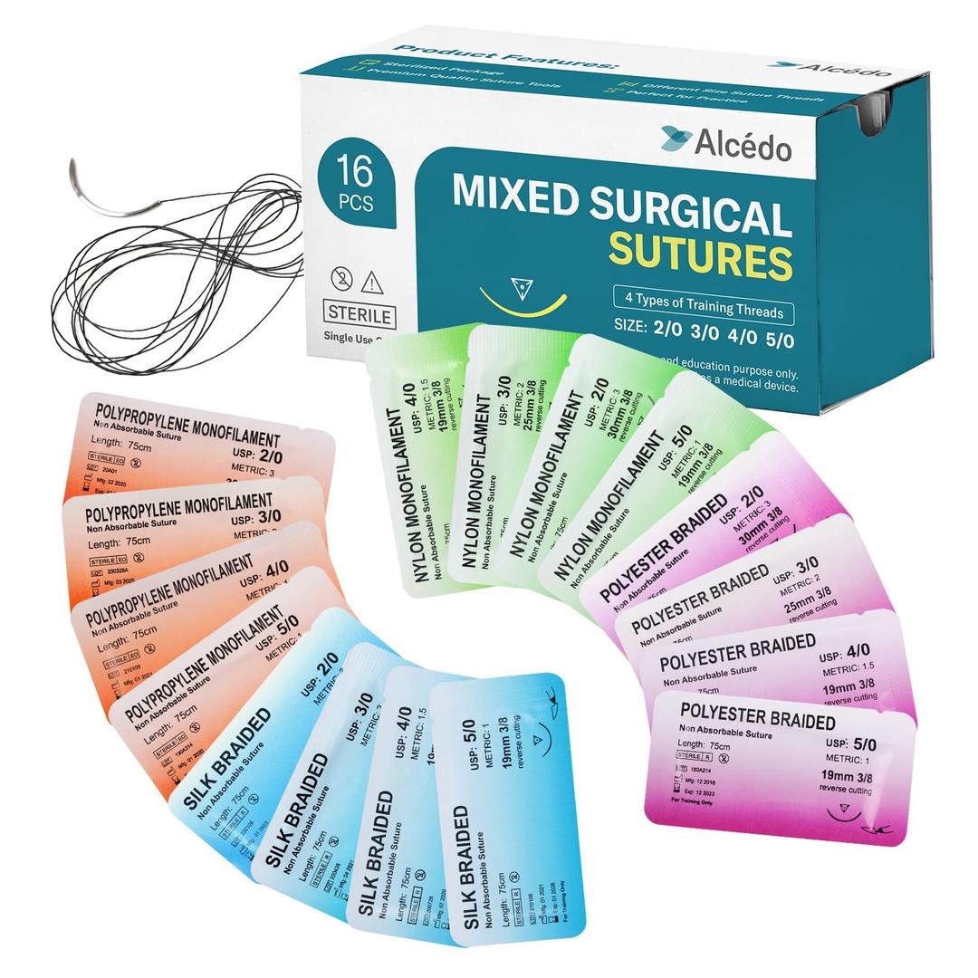 Alcedo Suture Thread with Needle 16 PK (2/0, 3/0, 4/0, 5/0), Non-Absorbable (Nylon, Silk, Polyester, Polypropylene) for Nursing and Students, First Aid Practice Kit Accessories, Education Only
