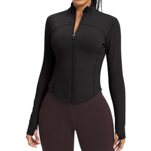 Women BBL Jacket Full Zip UP Workout Athletic Cropped Jacket wIth Thumb Holes Running Yoga Sportswear (Medium, Black)