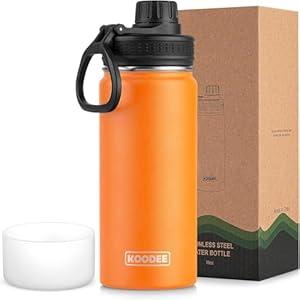 koodee Insulated Water Bottle, 18 oz Stainless Steel Double Wall Vacuum Wide Mouth Sport Bottle with Leakproof Spout Lid (Cosmic Orange）