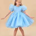 LalaMira Flower Girl Dress Organza Toddler Dresses Puff Sleeve & Bow Bcak Girls Princess Dress for Wedding Birthday Party Blue-12M