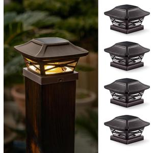 Wood Grain Solar Post Cap Lights, Dual-Core LED Fence Lights with Craftsman Design, 4 Pack Waterproof Outdoor Caps for 4x4 Wooden/Vinyl Post (Brown)