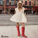 Rivalran Cowboy Boots for Women - Knee High Pointed Toe Chunky Heel Pull On Zipper Western Cowgirl Boots, Retro Country Vintage Fashion Tall Boots (Red) US 9.5