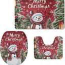 HUGS IDEA Merry Christmas Snowman Non Slip Toilet Seat Cover+ Bath Mat+ Lid Covers Home Decorative 3 Piece Bathroom Rug Sets