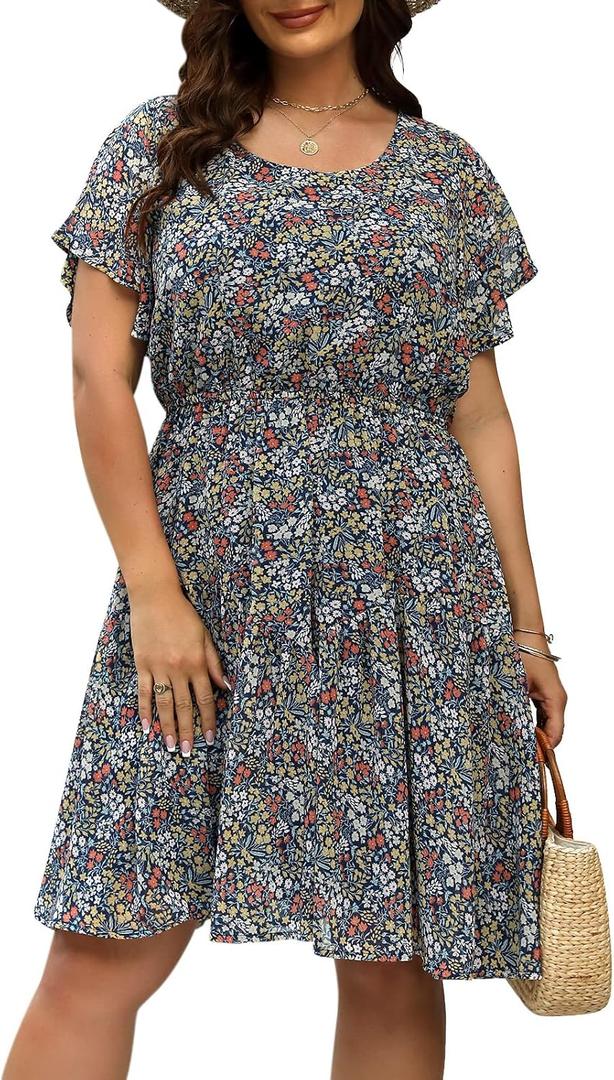 Nemidor Womens Casual Plus Size Summer Boho Chiffon Print Midi Skater Dress with Ruffle Sleeve NEM297 (20, Navy Yellow)