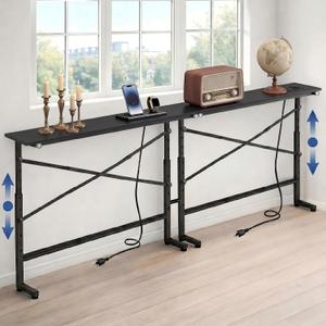 78.8" Adjustable Height Behind Couch Table, 2-Pack Skinny Console Table with 2 AC Outlets & Type-C Port, 5.9" Narrow Sofa Table for Living Room, Hallway, Entryway (Black)
