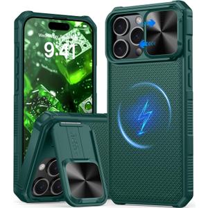 Magnetic for iPhone 16 Pro Case [Slide Camera Cover] [Compatible with Magsafe] [Kickstand] [Military Grade Protection] Shockproof Rugged Case for iPhone 16 Pro,Green