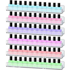 6 Pack Nail Polish Rack,Clear Acrylic Nail Polish Organizer Wall Mounted Shelf,Nail Polish Holder Organizer with Removable Anti-slip End Inserts,Clear Acrylic Shelves Nail Supplies Display 90 Bottles