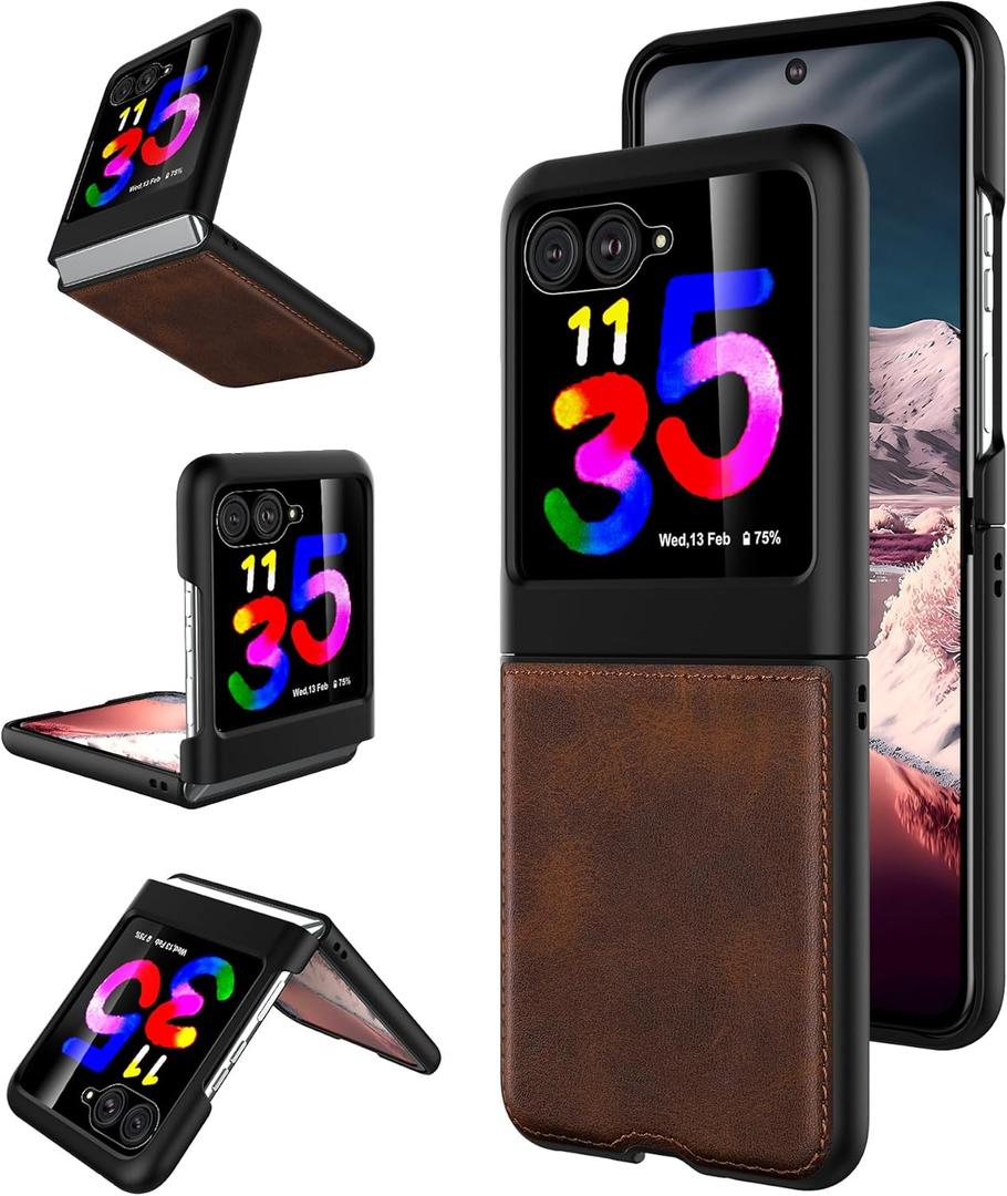 Foluu for Motorola Razr Plus 2023 Case, with Front Built-in Screen Protector, PU Leather + Hard PC Shell Ultra Thin Slim Durable Protective Phone Case Cover for Motorola Razr Plus 2023 (Brown)