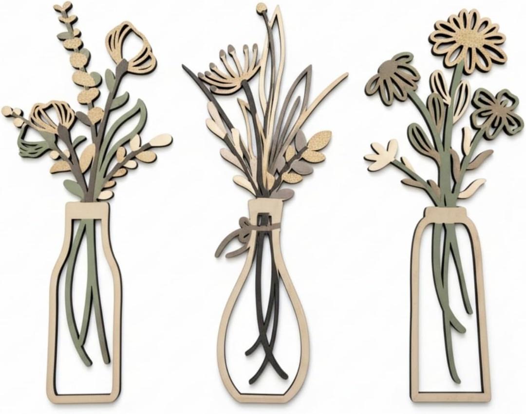 WONGSAI 3 Piece Wooden Flowers Wall Art Set, Rustic Farmhouse Decor for Bathroom Living Room Dining Room, Minimalist Design (Gold)
