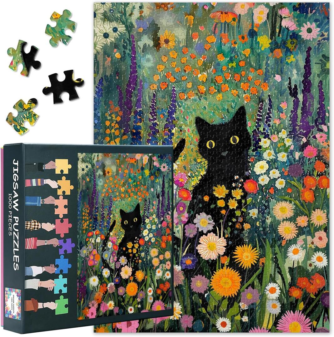 Puzzles for Adults 1000 Pieces - Black Cat & Flowers Theme Jigsaw Puzzle (27.5x19.7 Inch), Blooming Wildflower Challenging Puzzles for Adults, Family Game for Men & Women (Home Decor Gift)