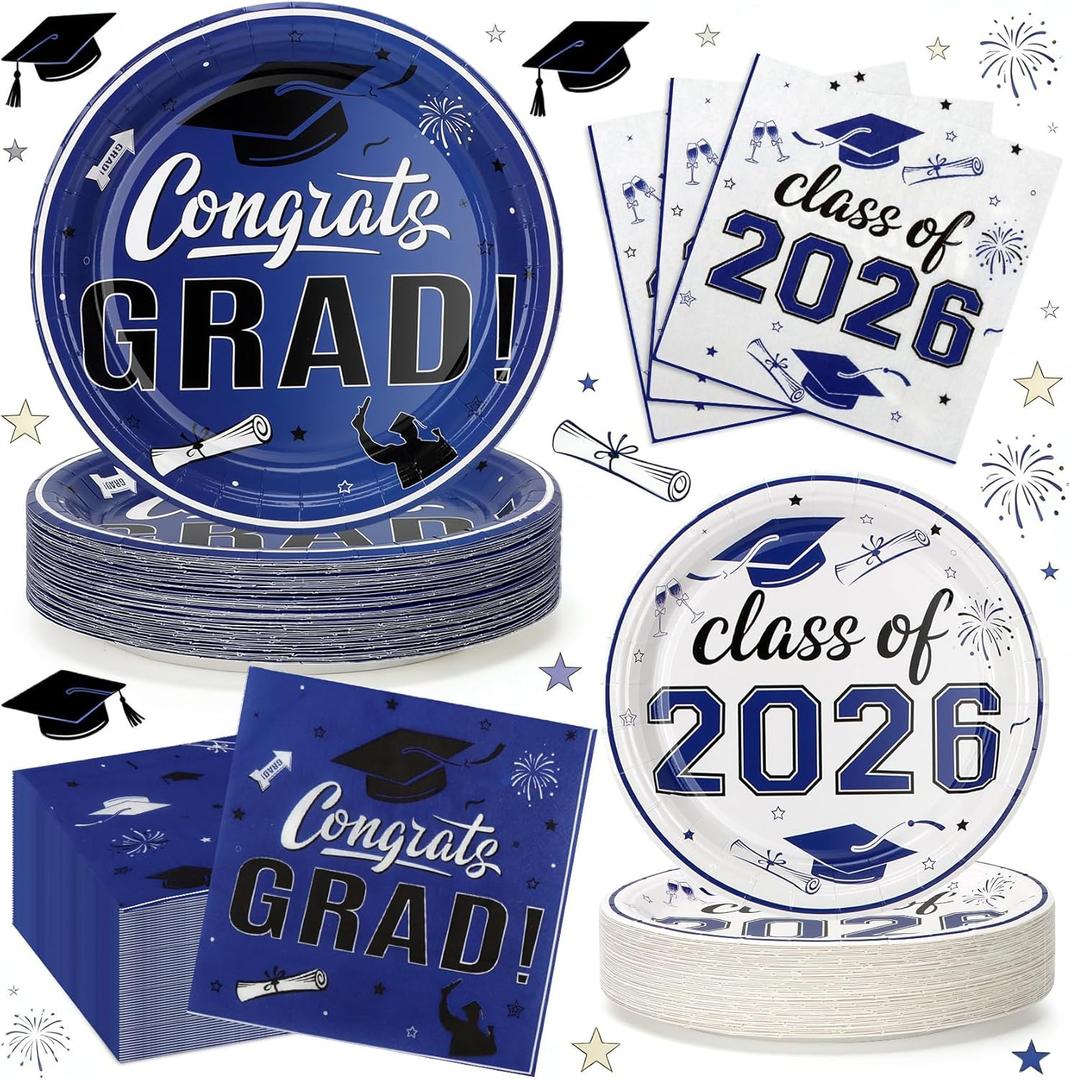 2026 Graduation Plates and Napkins, 9’’ Disposable Paper Plates 7’’ Dessert Plates with Blue Congrats GRAD Class of 2026 Party Supplies Tableware Set for Graduation Party Decorations Serve 50 Guests