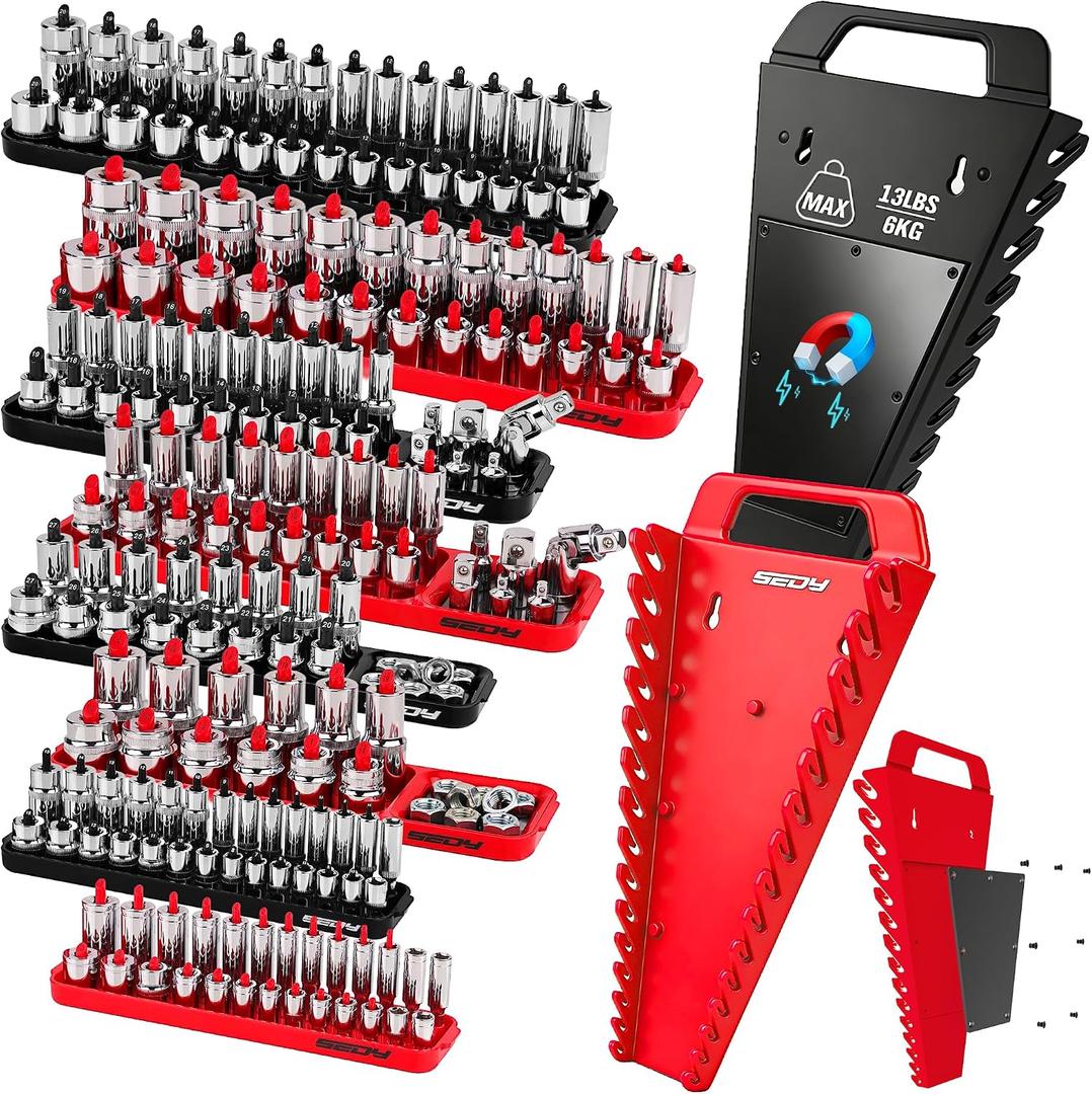 10-Piece Socket and Wrench Organizer Set, 8PC Socket Organizer Tray and 2PC 24-Slot Magnetic Wrench Organizer, for 1/4", 3/8", 1/2" Drive SAE and Metric, Toolbox Drawer Storage, Tools Not Included