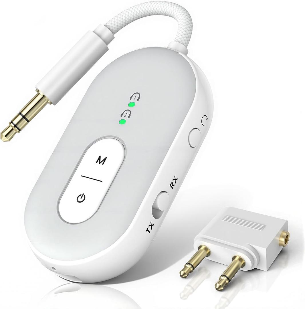 Bluetooth 5.3 Wireless Audio Transmitter & Receiver, 3.5mm AUX Adapter, Supports 2 AirPods or Headphones, 25+ Hr Battery Life, Airplane Bluetooth Adapter for Travel, Flight, TV, Car & Gym