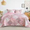Whale Flotilla Patchwork Quilt Twin Size, Extra Soft Boho Floral Bedspreads for Bed Reversible Lightweight Twin Quilt Bedding Set Printed Coverlets with 1 Pillow Sham for All Seasons, Pink