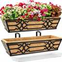 2 Pack 24 Inch Railing Planter Boxes with PET Water Storage Tray & Coco Liner, Window Boxes Planters for Deck Railing, Metal Hanging Flower Box for Outdoor Balcony Fence and Patio Garden